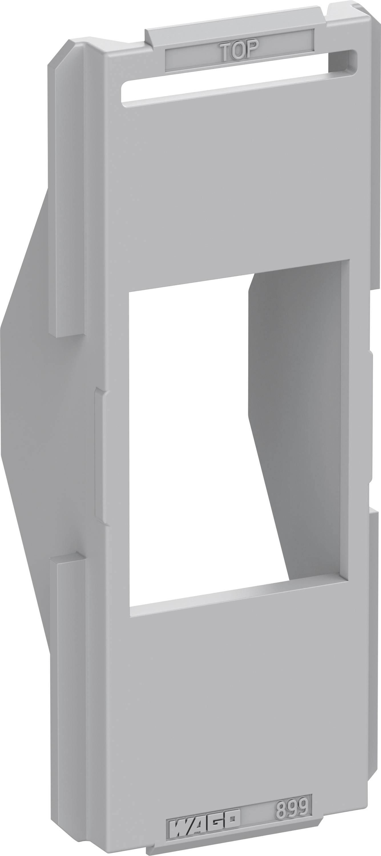 Grey plastic cover for electronic components with rectangular cut-out and inscription 'TOP'.