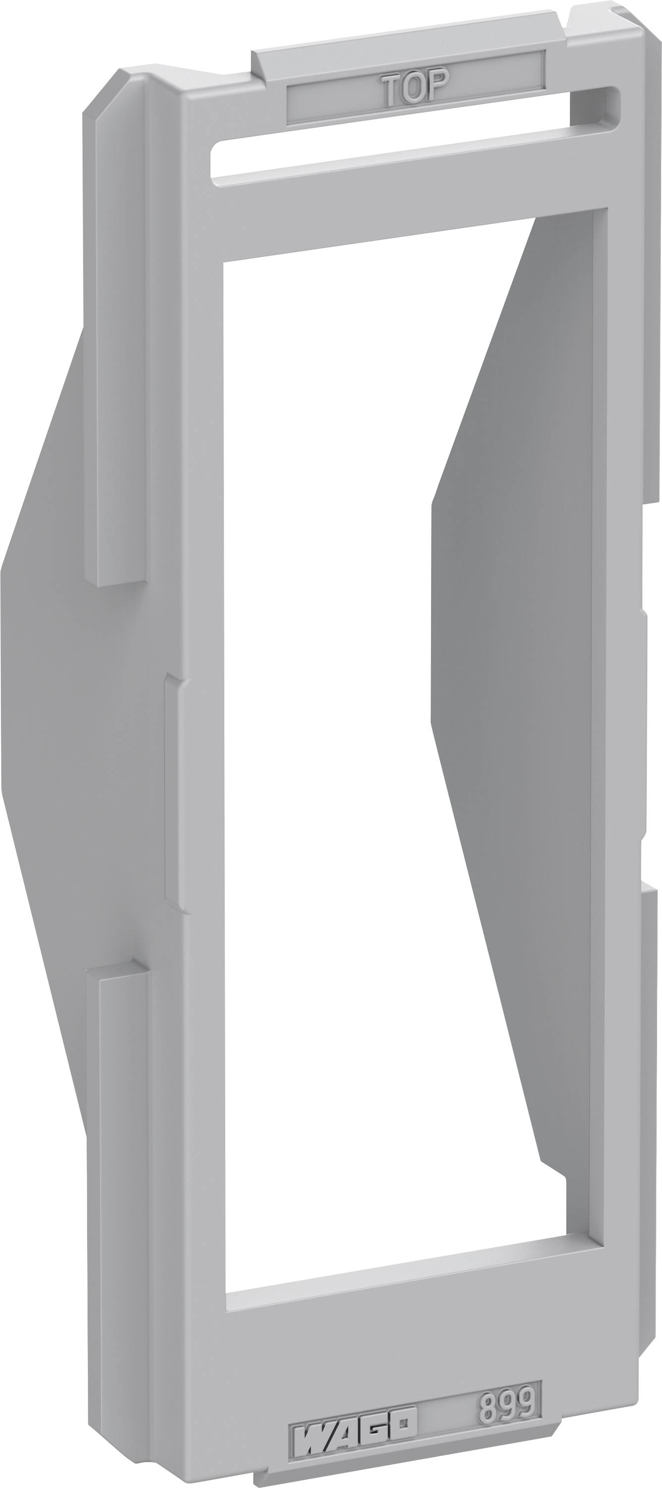 Grey plastic component, rectangular, with 'TOP' inscription on top. Used for fastening or as a holder in technical applications.