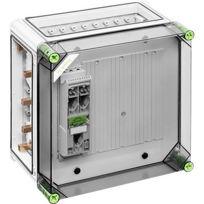 'Transparent plastic housing with an electrical switching module inside, mounted on a metal plate. Green corner seals.'