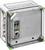 'Transparent plastic housing with an electrical switching module inside, mounted on a metal plate. Green corner seals.'