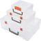 Three transparent plastic boxes in various sizes, stacked. Each box has a grey handle and orange closures.