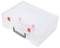 Transparent, rectangular plastic box with a grey handle and red closures, suitable for storing items.