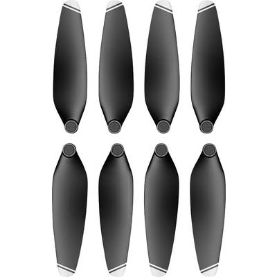 Eight black propeller blades for drones, symmetrically arranged in two rows, with white stripes at the tips.