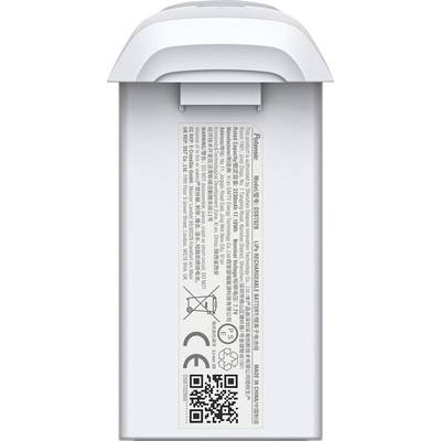 White rechargeable lithium-polymer battery by DJI with technical specifications and safety guidance on the front.