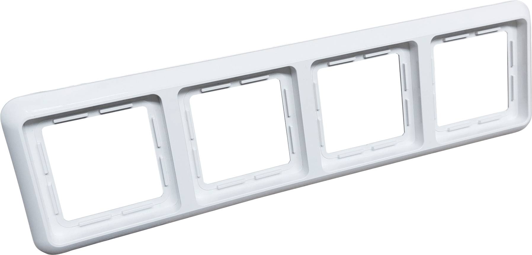 Four-gang white frame for sockets or switches, rectangular, plastic, with rounded corners.