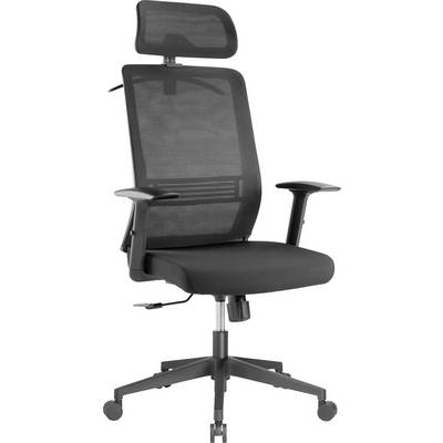Office chair with black mesh back, adjustable headrest and armrests. Suitable for ergonomic sitting at a desk.