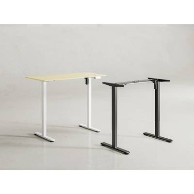 Two height-adjustable desks, one with light wood, white frame and the other with a black frame, on a grey background.