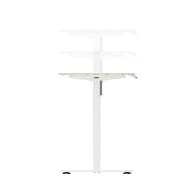 Adjustable-height desk with a dark wooden top on a white frame, showing three different height positions.