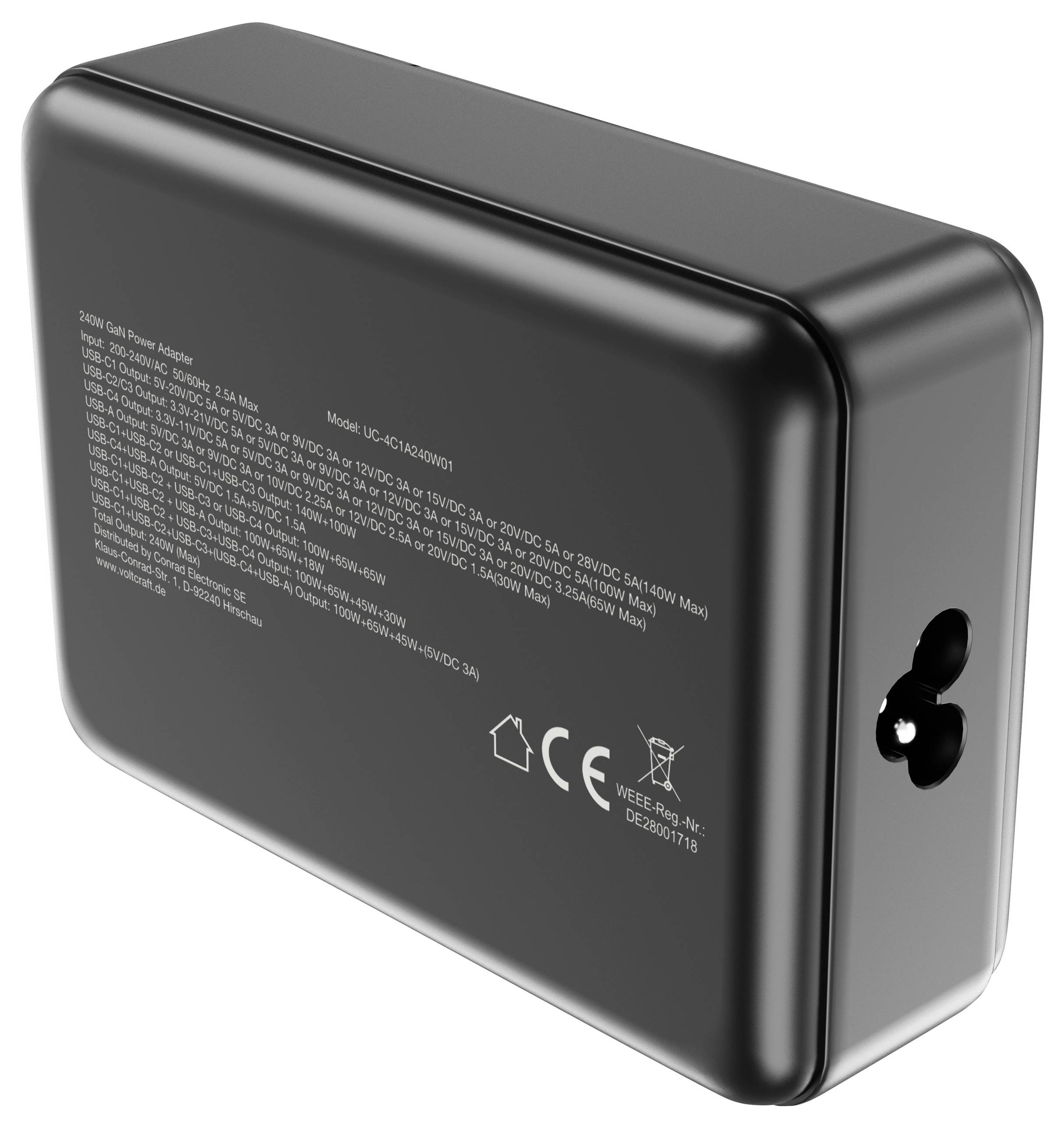 VOLTCRAFT UC-4C1A240W01 USB charger 240 W 4x USB-C®, 1x USB-A Power Delivery 3.0 Black GaN, USB Power Delivery (USB-PD),-7