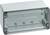 Grey rectangular enclosure with transparent lid and multiple mounting points, suitable for electrical installations.