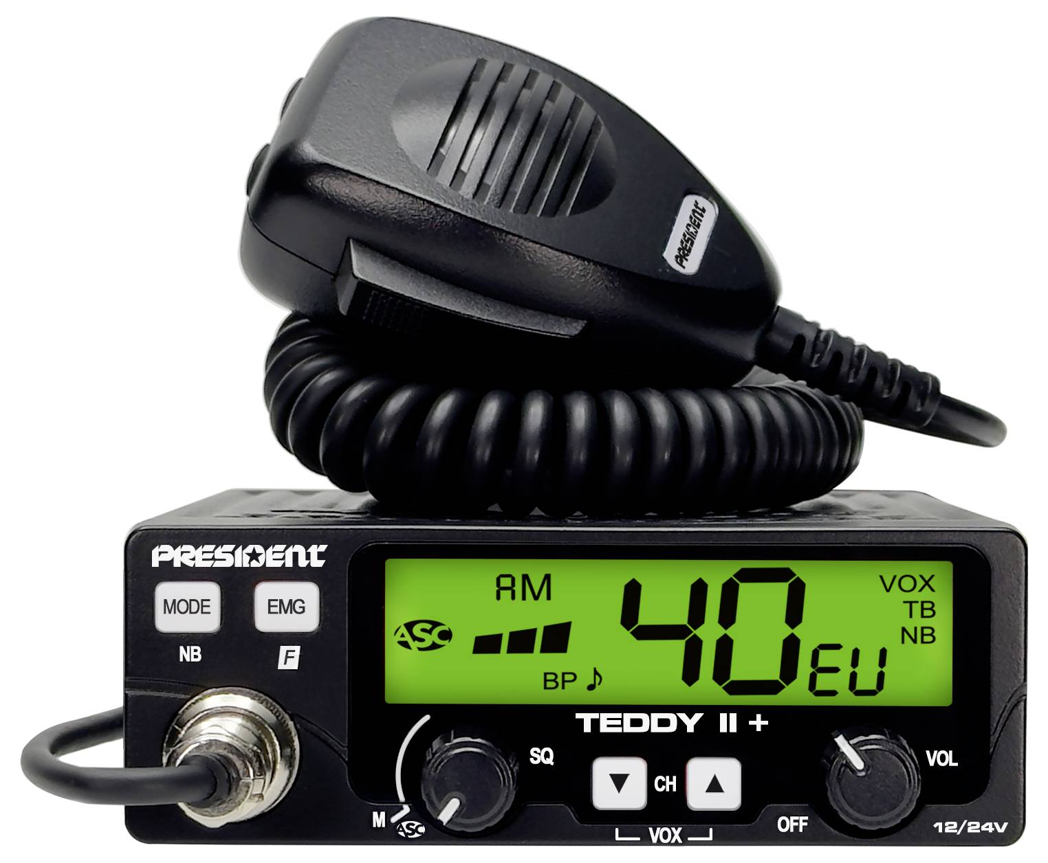 A radio transceiver with a microphone. The display shows '40 EU'. Controls are provided for volume and channel.