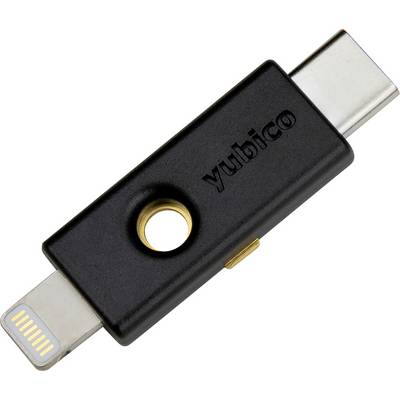 A black security key with USB-C and Lightning ports by Yubico, used for two-factor authentication.
