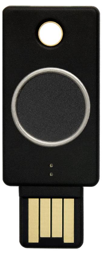 Black USB security key with round touch surface and gold-coloured connection.