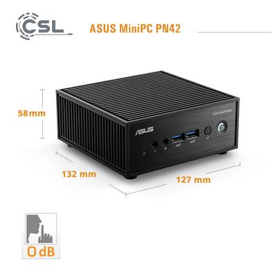 A compact black ASUS MiniPC PN42, measuring 58mm x 132mm x 127mm, with multiple front ports, promoted as silent with a '0 dB' label.