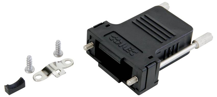 Black serial D-Sub housing with mounting screws and bracket, suitable for mounting connector interfaces on cables.