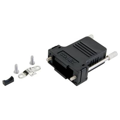 Black serial D-Sub housing with mounting screws and bracket, suitable for mounting connector interfaces on cables.