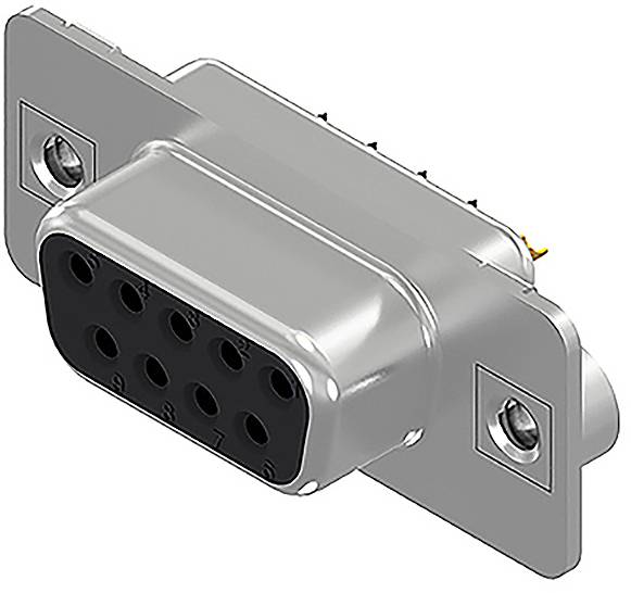 A nine-pin D-sub connector in close-up. Open slots for cable mounting are visible, suitable for electronic connections.