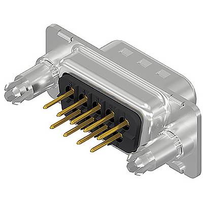A silver electrical connector with multiple golden pins, mountable, is shown from an angle.