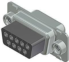 A nine-pin, rectangular electrical plug with a metal mounting. Used for connections in electronic devices or systems.