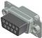 A nine-pin, rectangular electrical plug with a metal mounting. Used for connections in electronic devices or systems.