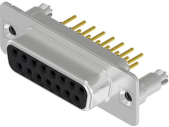 A D-sub plug with gold-plated pins and a silver housing, typically used for computer connections.