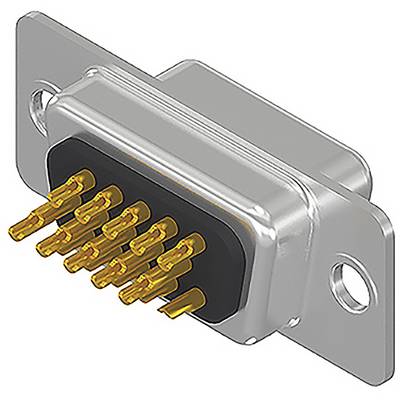 A silver D-sub plug with nine gold-plated pins, a typical computer connector device. Used for data transmission.