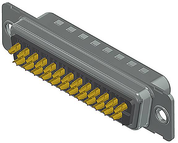 'VGA plug with multiple gold-plated pins, side-mounted with two screws.'