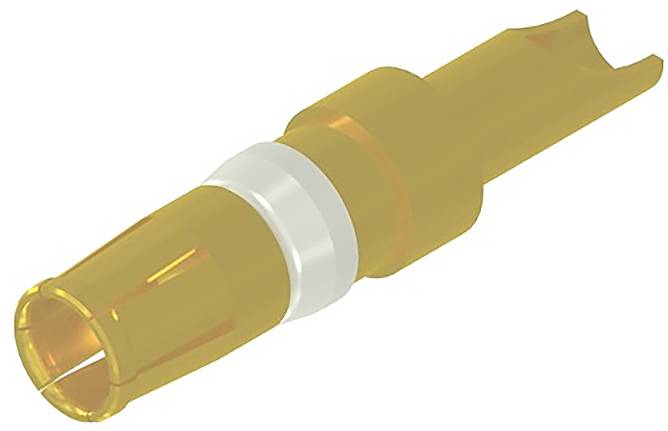 An orange cable plug with a white border in the middle. The plug is cylindrical in shape and made of plastic.