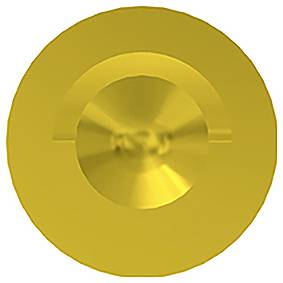 A yellow, round object with a symmetrical, recessed pattern in the centre. The design appears abstract and metallic.