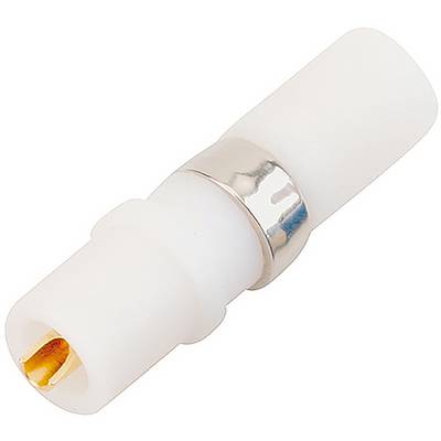 White coaxial plug with a metallic ring and gold-plated tip, typically used for TV or satellite connections.