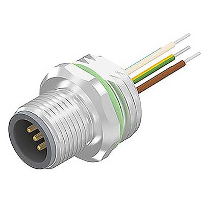 A round, metallic plug housing with multiple copper pins and four protruding colour cables for electrical connection.