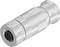 Silver, cylindrical connector with a ribbed surface and multiple internal contact pins. Suitable for industrial applications.