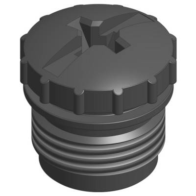 A black, ribbed plastic screw cap with a cross-head slot, potentially used for sealing a container.