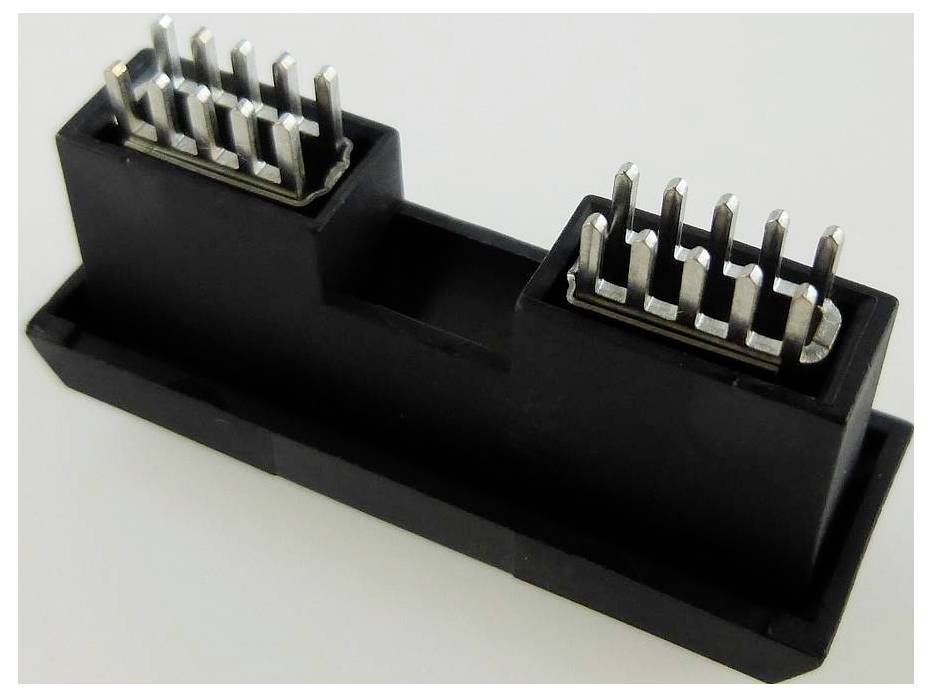 'Black, glossy electrical plug with two rows of silver metal contacts, lying on a white surface.'