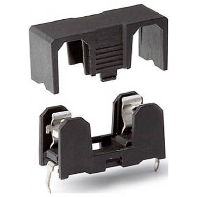 A black, two-piece plastic enclosure for electronic components, comprising an upper and lower cover with metal contacts.