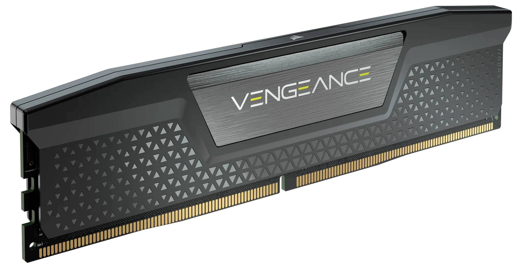 A black RAM stick with 'Vengeance' printed on it. It features a modern design with a triangular pattern across its surface.