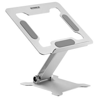 A height-adjustable silver metal laptop stand with non-slip silicone pads on the surface. Ideal for raising devices.