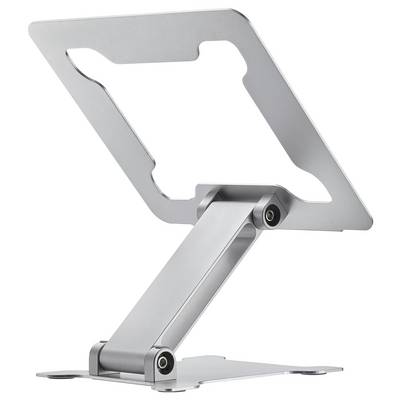 A silver metal laptop stand with an adjustable arm, suitable for ergonomic positioning of laptops or tablets.