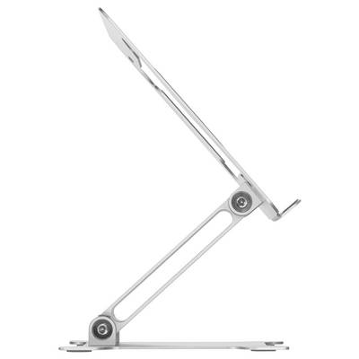 A height-adjustable metal laptop stand, viewed from the side, shows its construction with hinges and an angled resting surface.