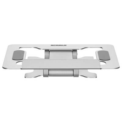 A foldable silver laptop stand with ventilation slots and non-slip pads. Ideal for improving ergonomics.