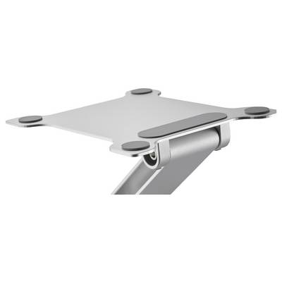 Aluminium laptop stand with adjustable arm and non-slip rubber pads at the corners for stability and protection.