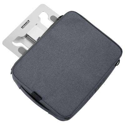 A grey, rectangular laptop stand with fabric covering and pockets. It is compact, portable and suitable for using a laptop while travelling.