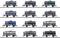 Twelve model railway tanker wagons in various colours and designs, arranged in four rows with three wagons per row.