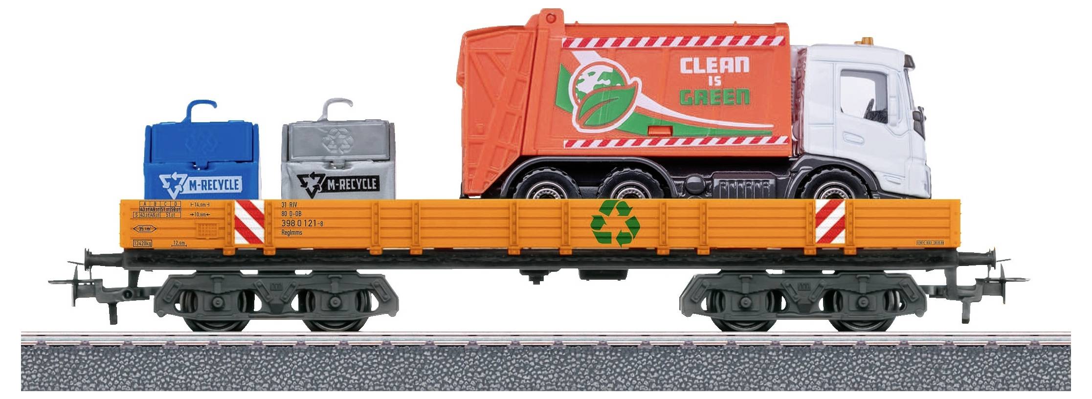 A model train with a platform load, consisting of an orange 'Clean is Green' rubbish lorry and two blue recycling bins.