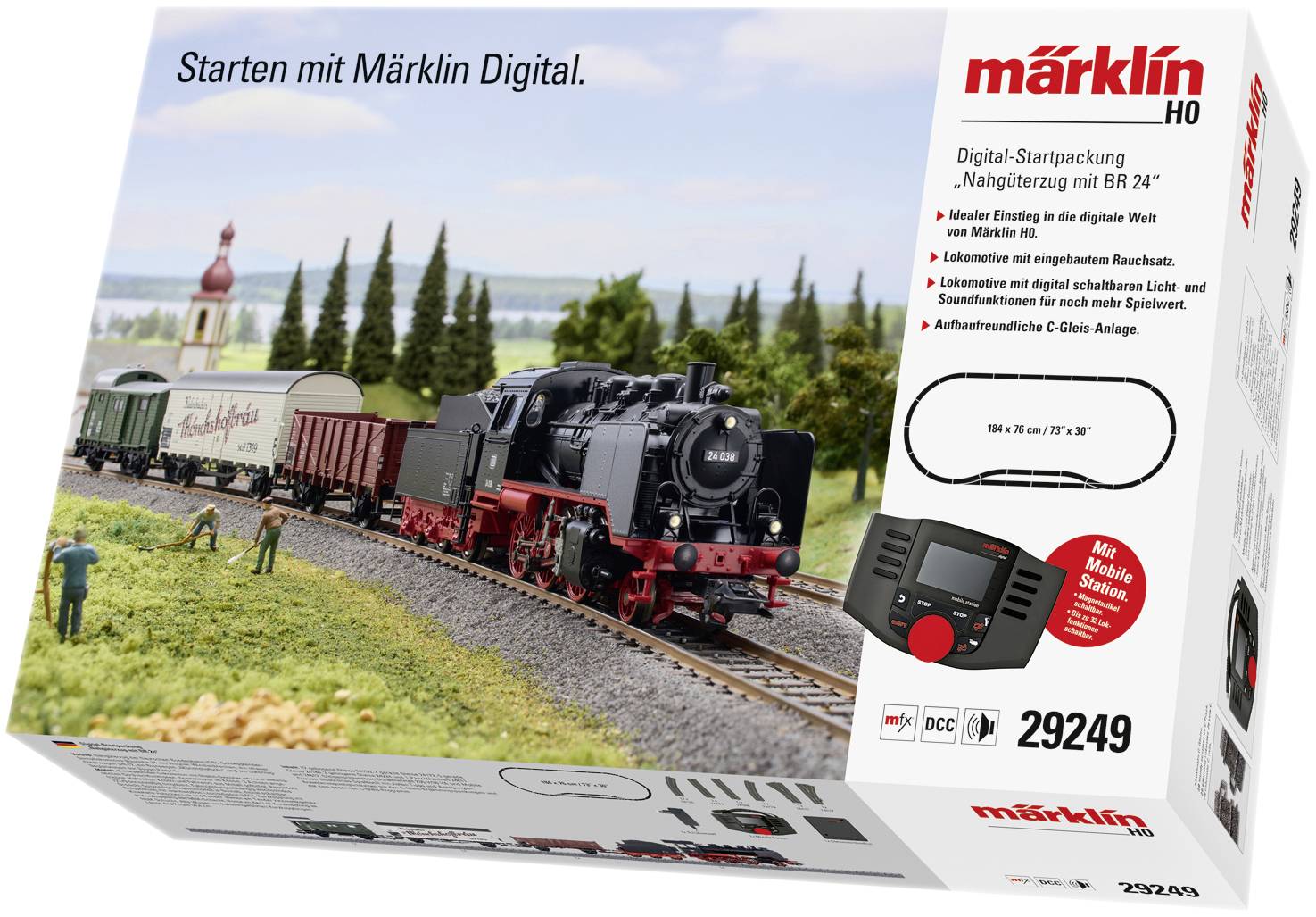 Digital Railway Starter Kit with Locomotive and Landscape Model, labelled 'Starting with Märklin Digital'.