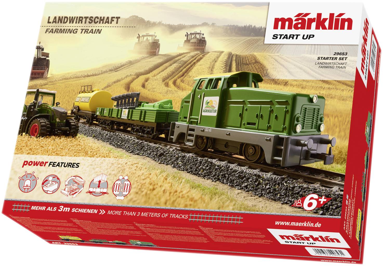 Starter Set 'Agriculture-Farming Train' by Märklin with Model Locomotive and Carriages, suitable for ages 6 and above, depicting a train on a rural route.