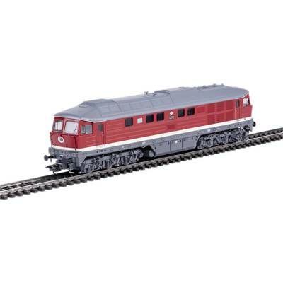 Red model of a diesel locomotive on tracks, DB logo on the side, detailed replica, suitable for model railways.