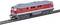 Red model of a diesel locomotive on tracks, DB logo on the side, detailed replica, suitable for model railways.