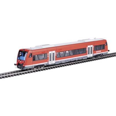 A red Deutsche Bahn model train on tracks, viewed from the side. A small part of the driver's cab is visible on the left.