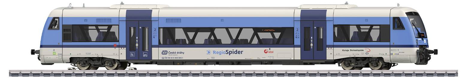 A blue and white train with the inscription 'iLINT' is travelling on a track. The train has windows and doors along its entire side.